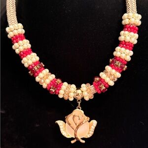 Chic Pearl and Red Beaded Necklace with Gold Accents